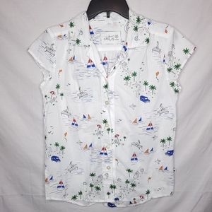 THE CAT'S PAJAMAS Women's White Luxury Beach Print Button Up Pajama Top SMALL